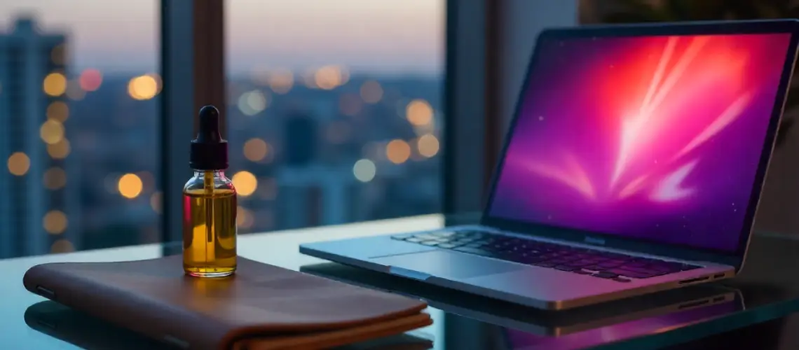 A desk with marijuana oil, notebook, and laptop for productivity